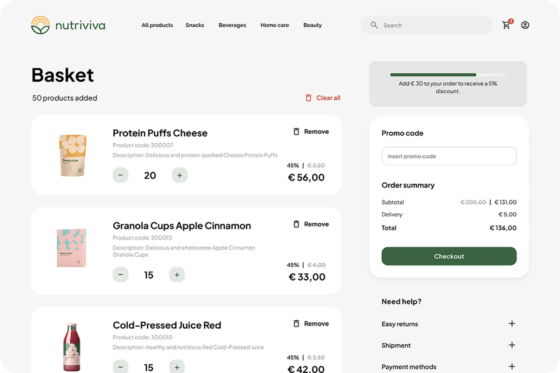Basket with line items, promo code and order summary