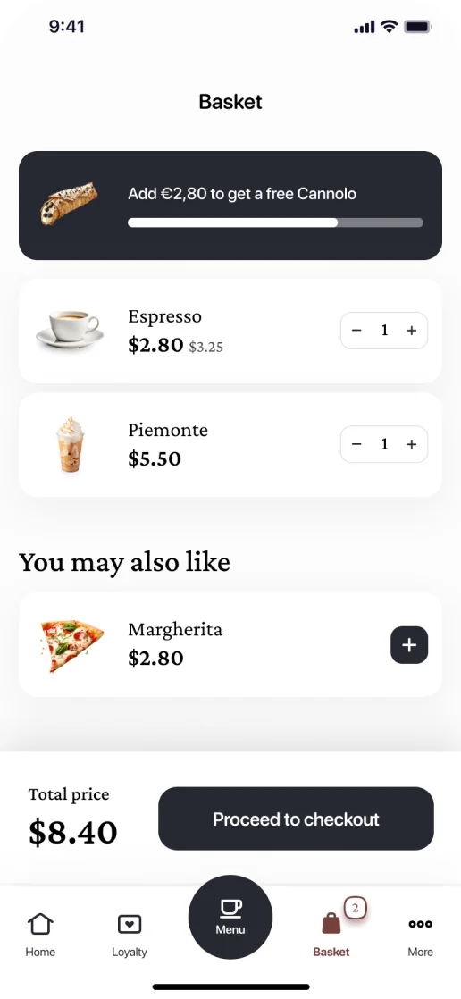 Eataly Caffè app: basket with quantity controls and total
