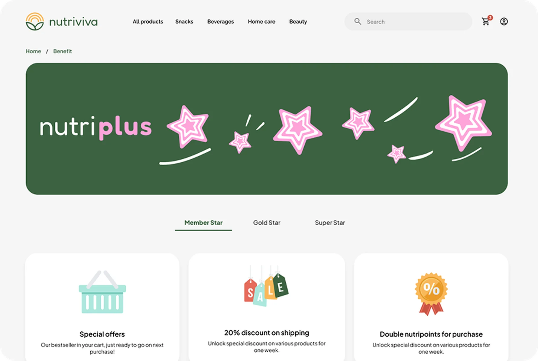 Nutriplus benefits page with Member, Gold and Super Star tabs