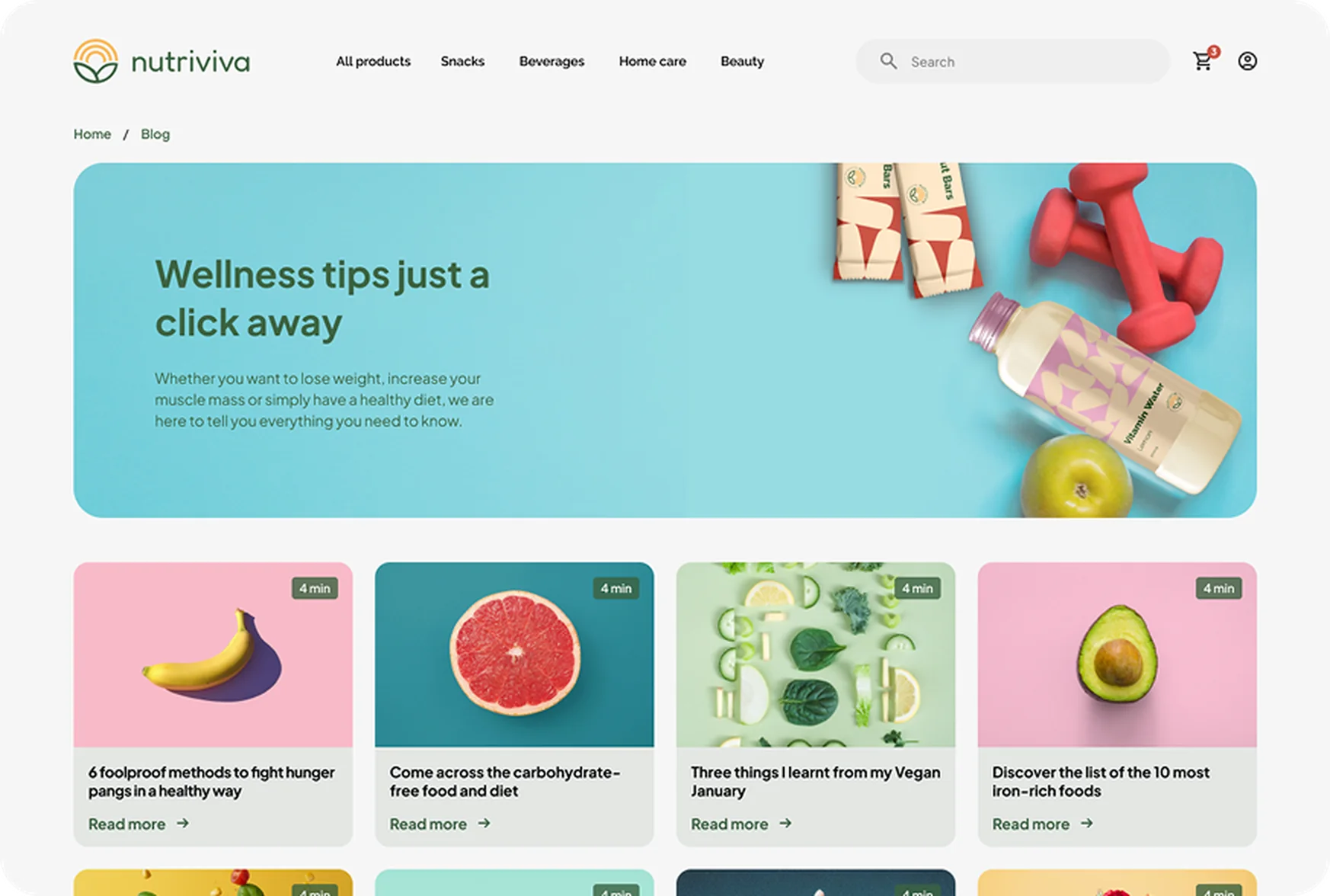 Blog page with wellness tips and article cards