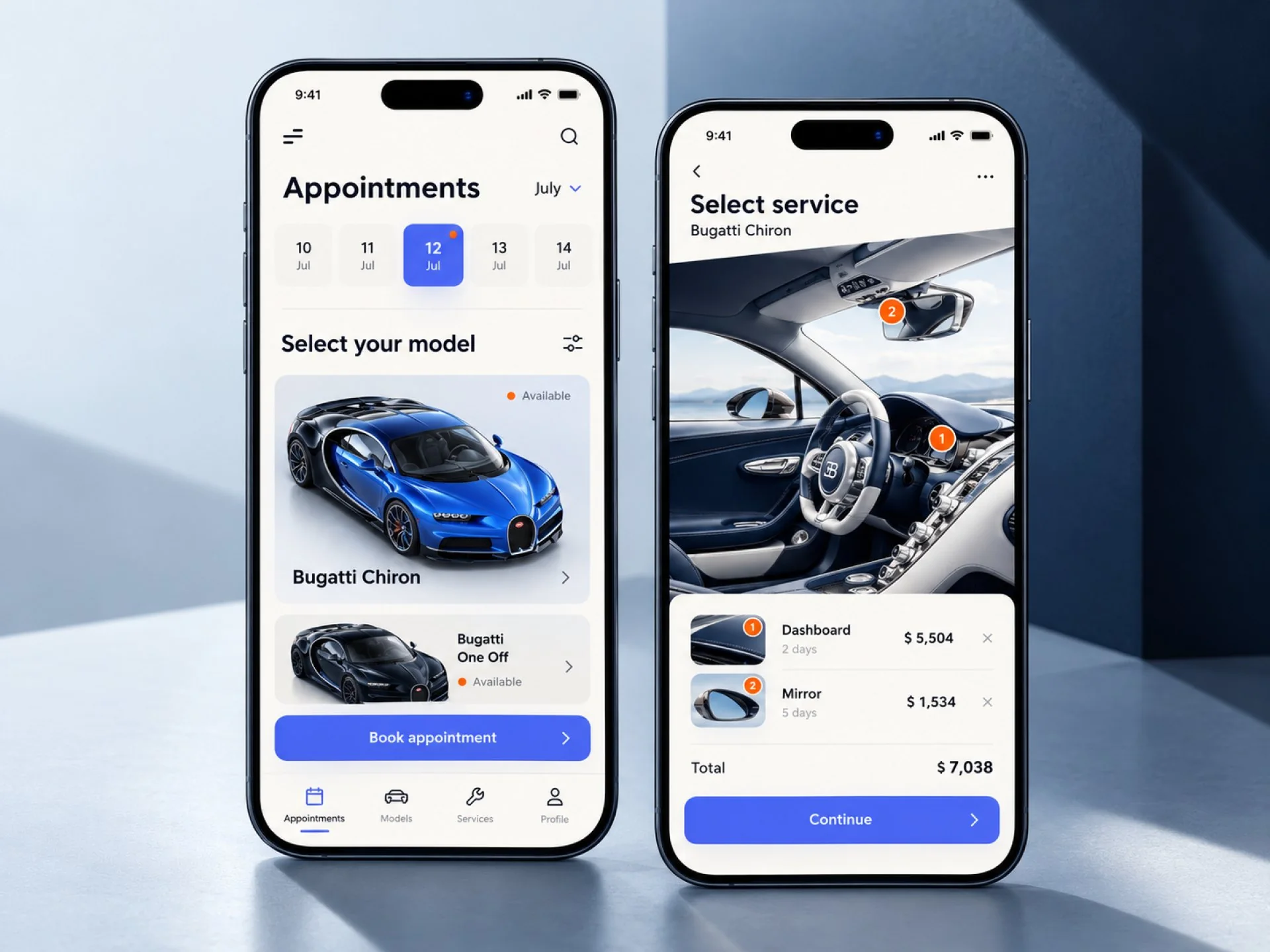 Car service app with appointment calendar and service selection