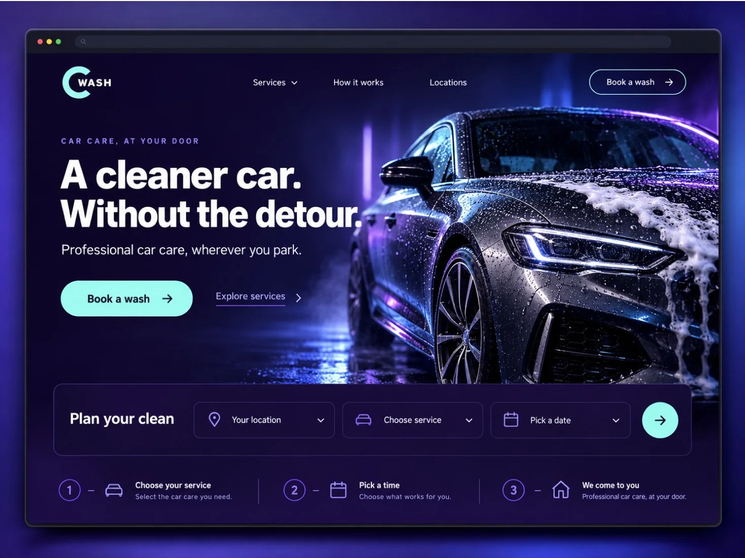 C-Wash website hero with a car being washed and a booking bar