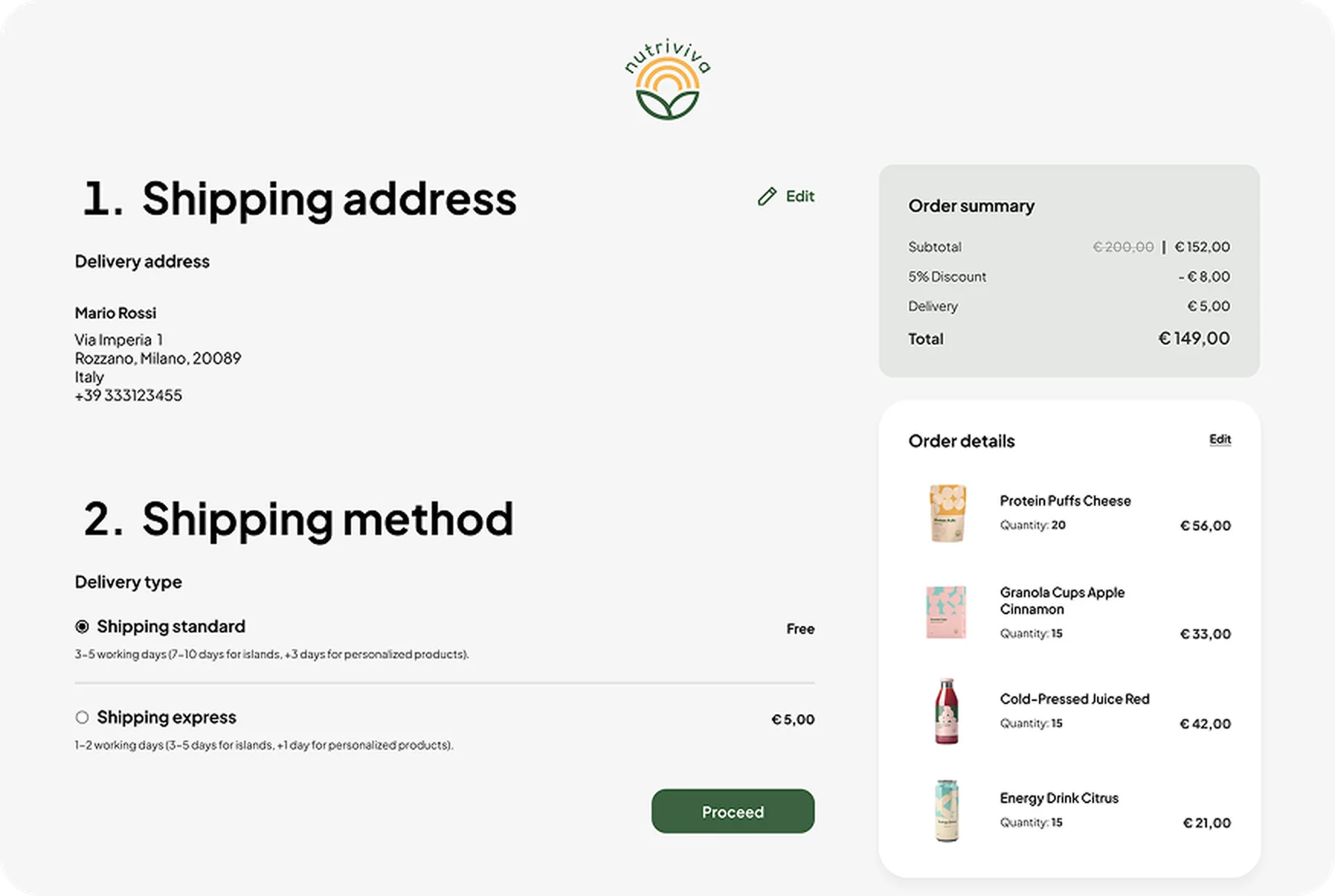 Checkout with shipping address, shipping method and order summary