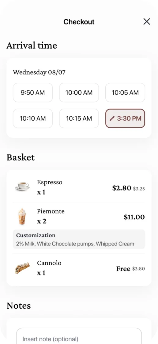 Eataly Caffè app: checkout with arrival time and basket