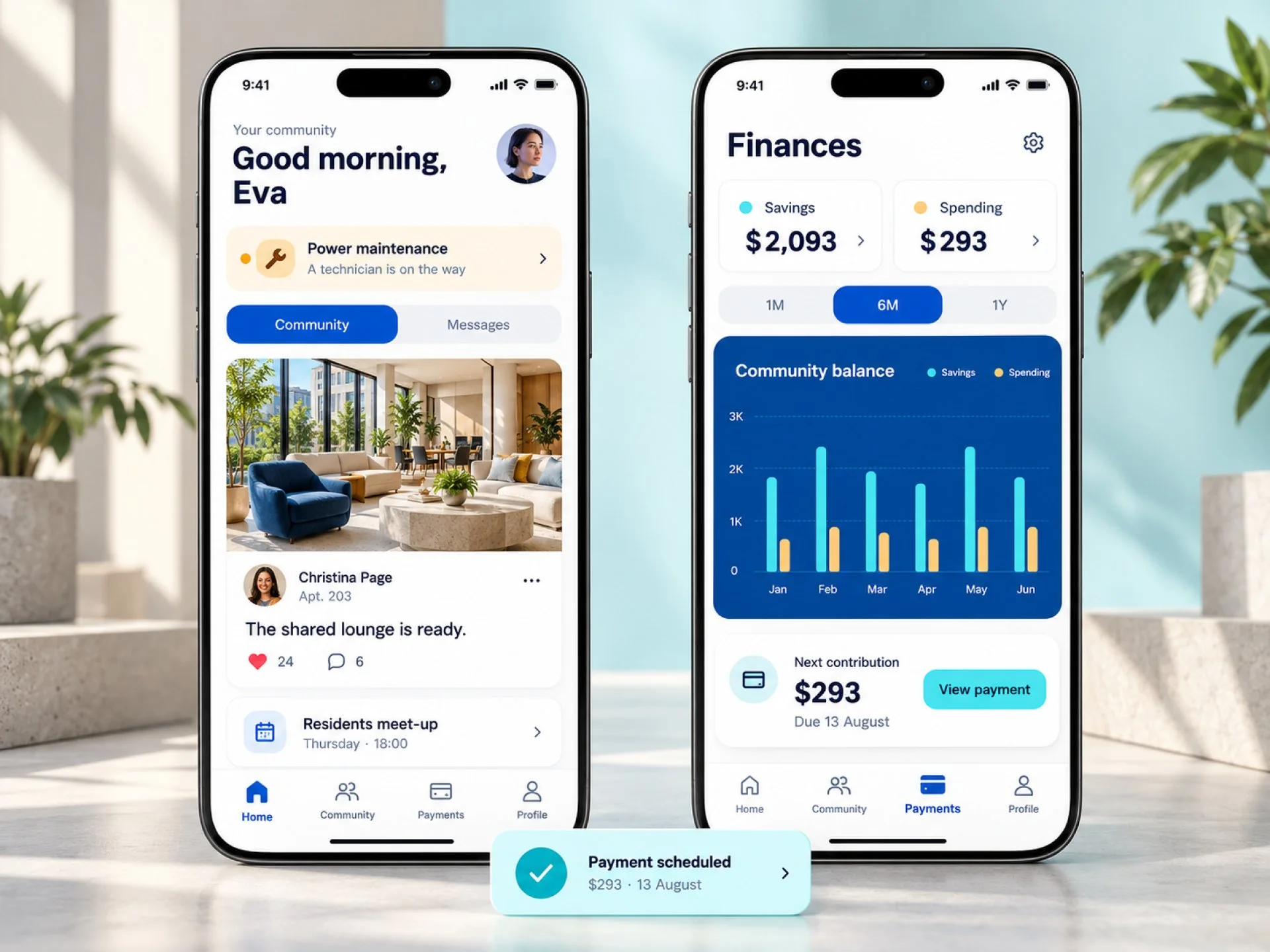 Residents app with community feed and finances screens