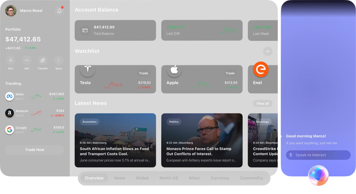 Investment control room: portfolio, watchlist and news panels beside the voice assistant