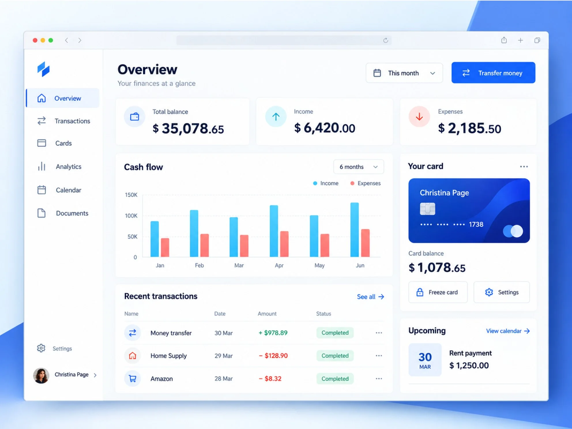 Finance dashboard with balance, cash flow chart and recent transactions
