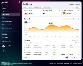 Dashboard with digital wallet balance, active supplies, invoices due, consumption chart and supplies table