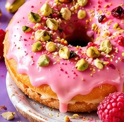 Donut with pistachio and raspberry