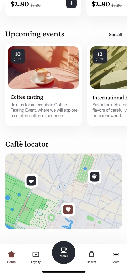 Eataly Caffè app: home with upcoming events and café locator