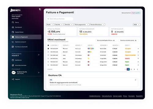 Fatture e Pagamenti with totals to pay, invoices due, overdue invoices and latest movements table