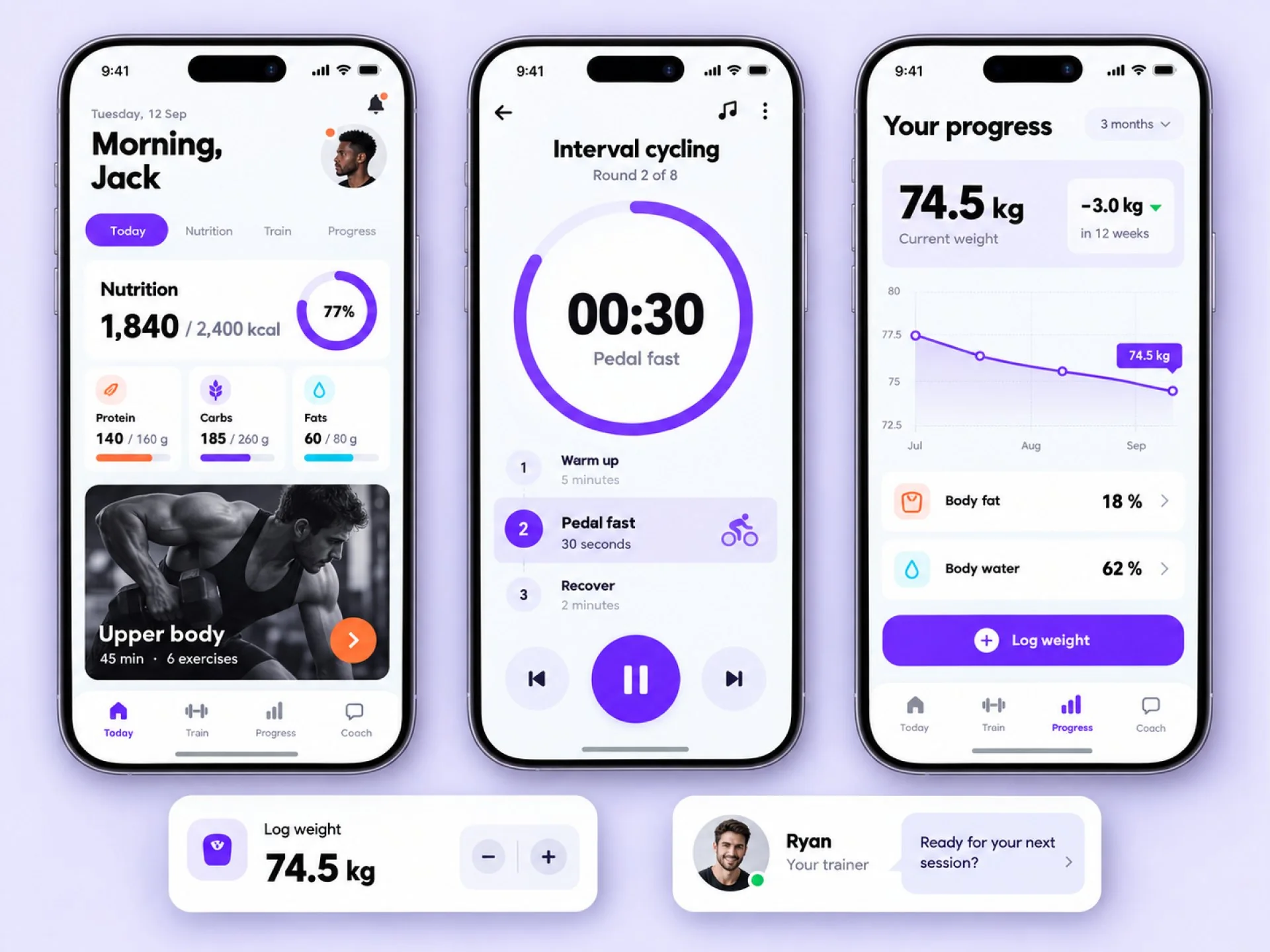 Fitness app with nutrition, interval cycling timer and progress chart