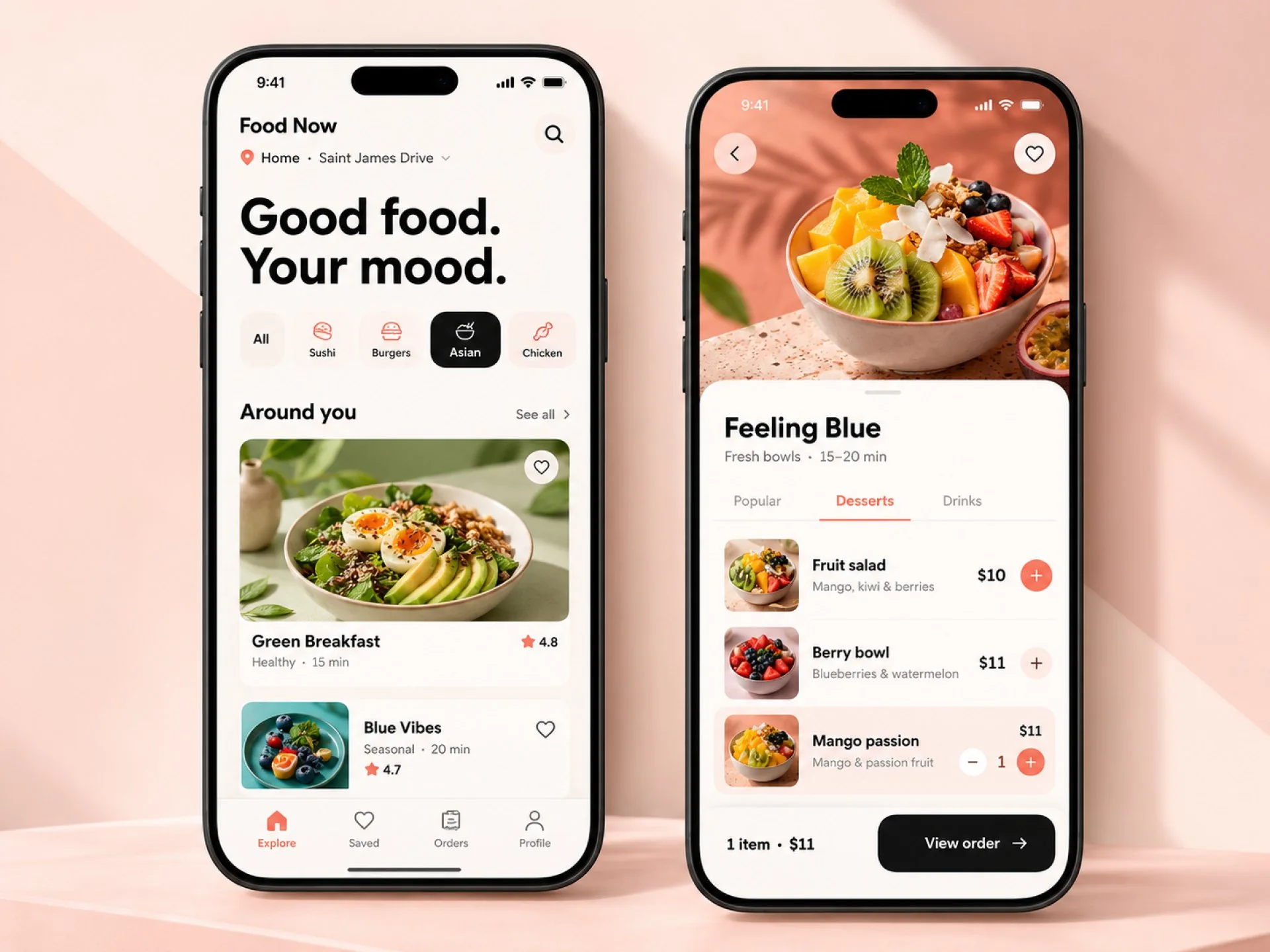 Two phone screens of a food delivery app with dishes and a basket