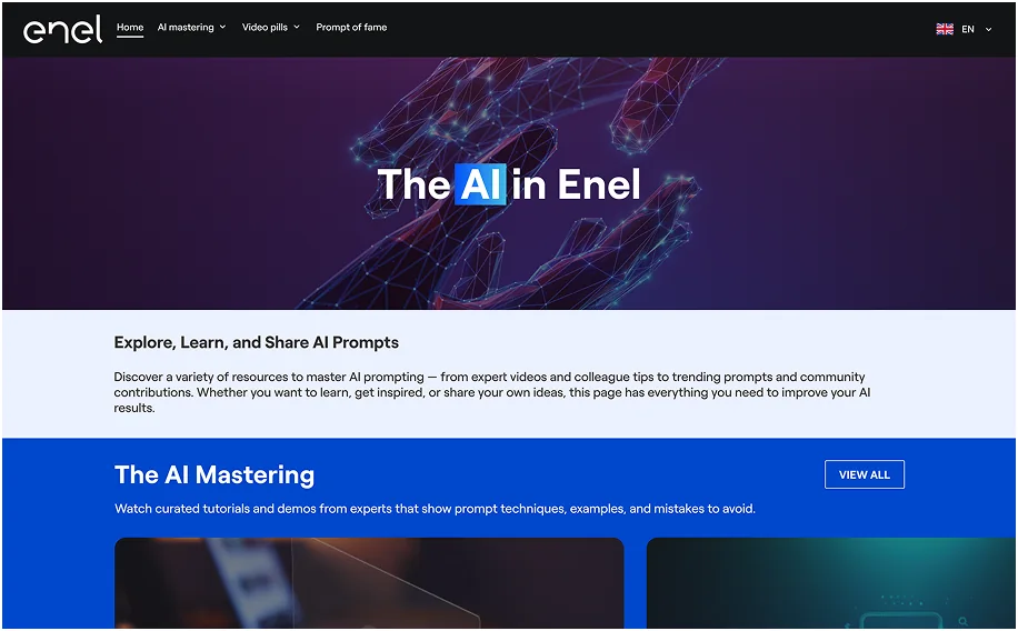 The AI in Enel home page with hero banner and the AI Mastering section