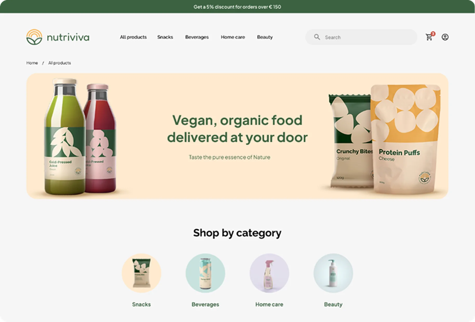 Nutriviva storefront home page with the vegan organic food banner