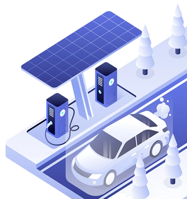 Isometric illustration of a solar-roofed EV charging station
