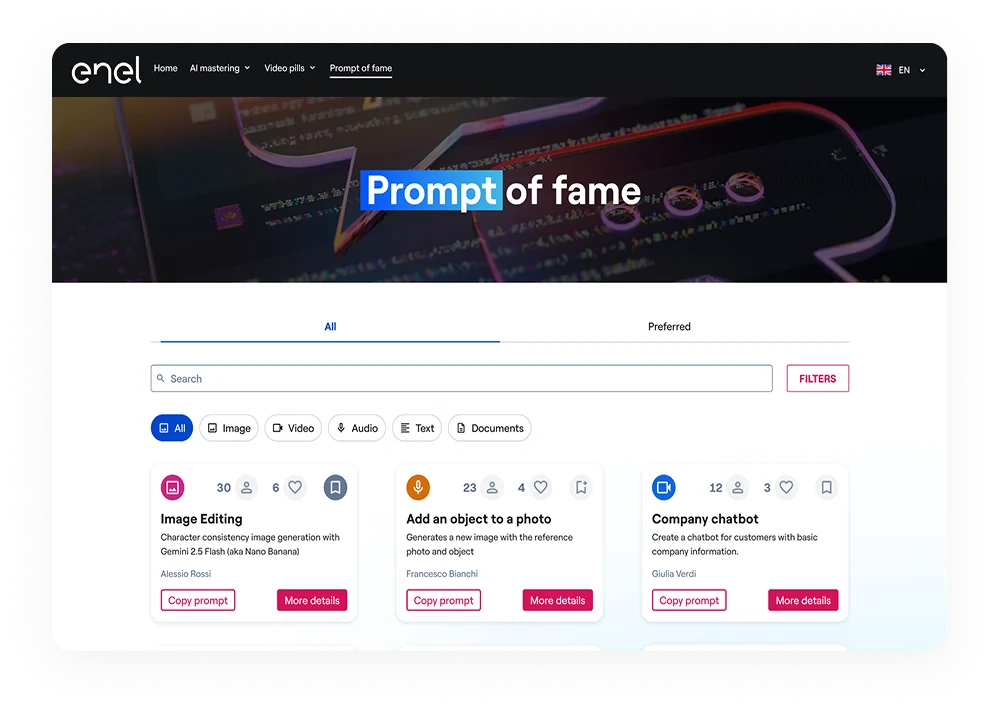 Prompt of fame library with search, filters, category chips and prompt cards
