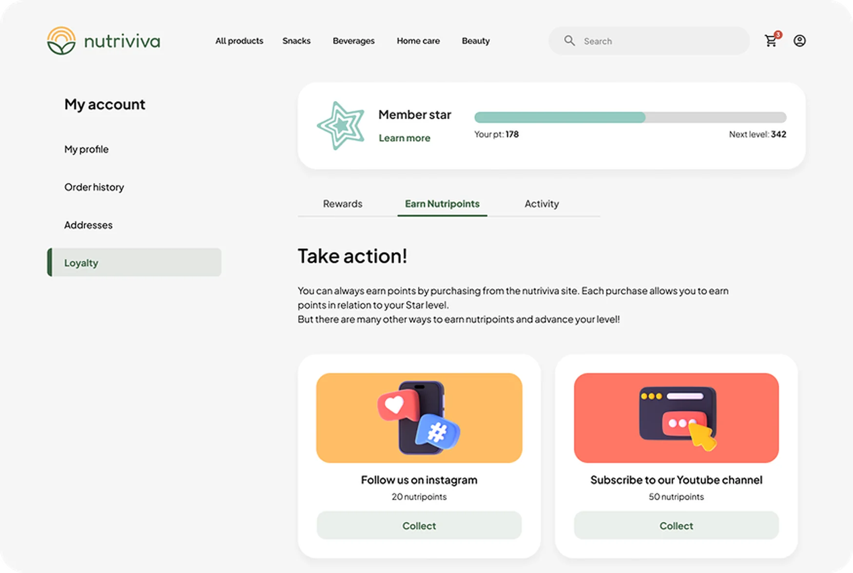 My account loyalty page with member star progress and ways to earn points