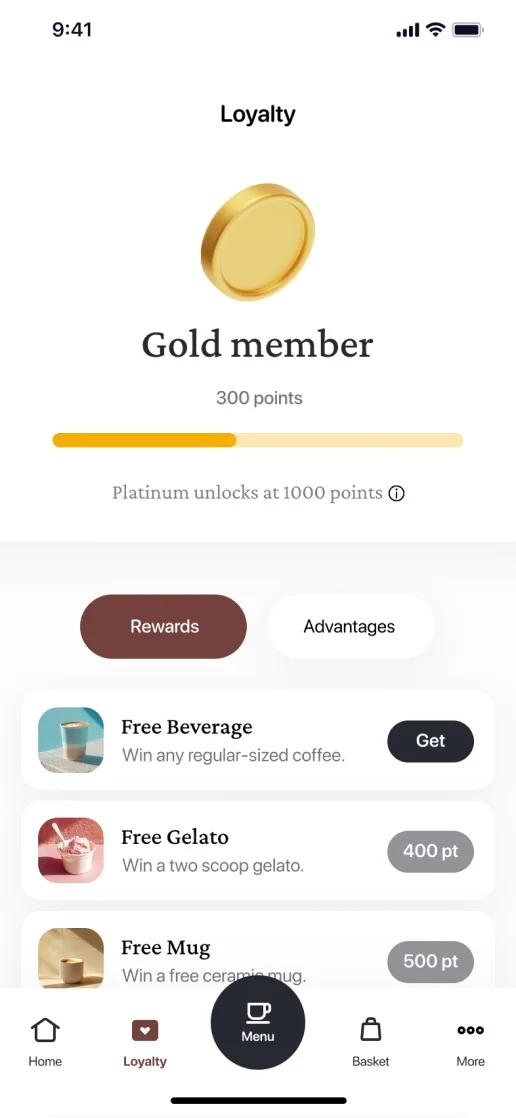 Eataly Caffè app: loyalty screen with Gold member status and rewards