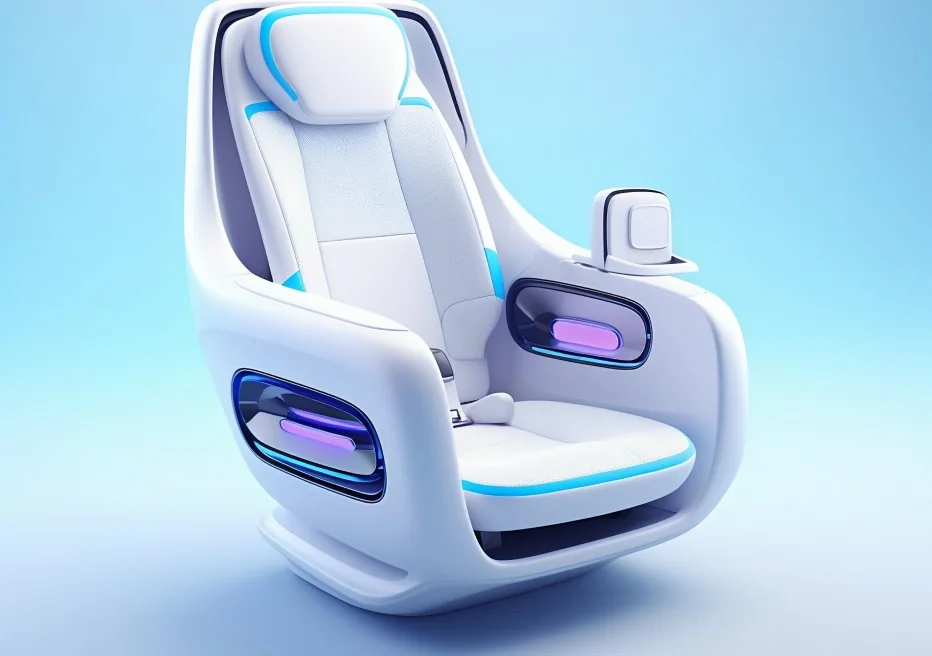A futuristic white car seat with glowing details
