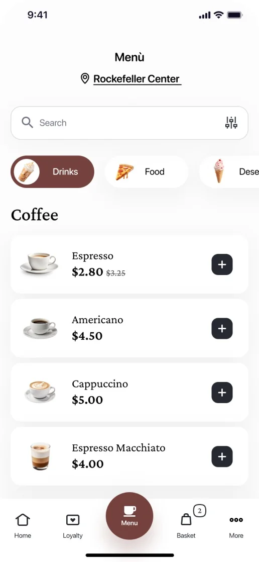 Eataly Caffè app: menu with search, categories and coffee list