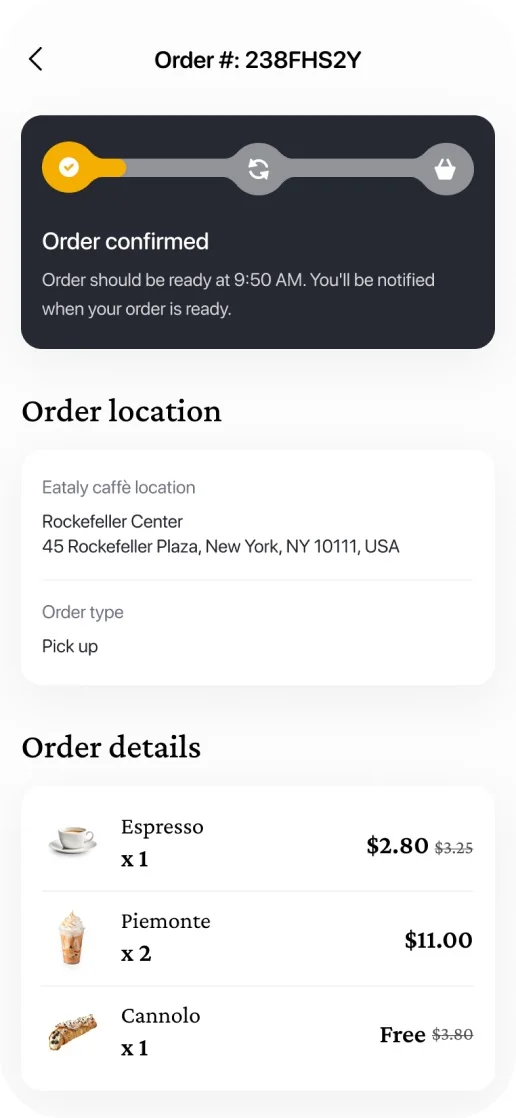 Eataly Caffè app: order confirmation with status and location