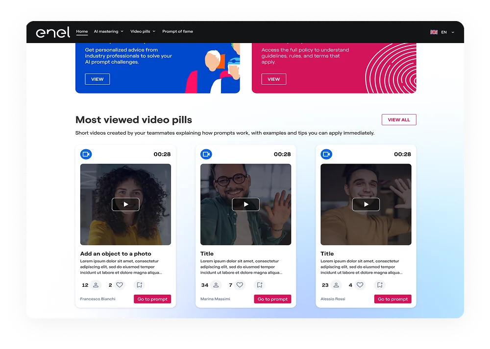 Most viewed video pills with colleague videos, likes and go-to-prompt actions