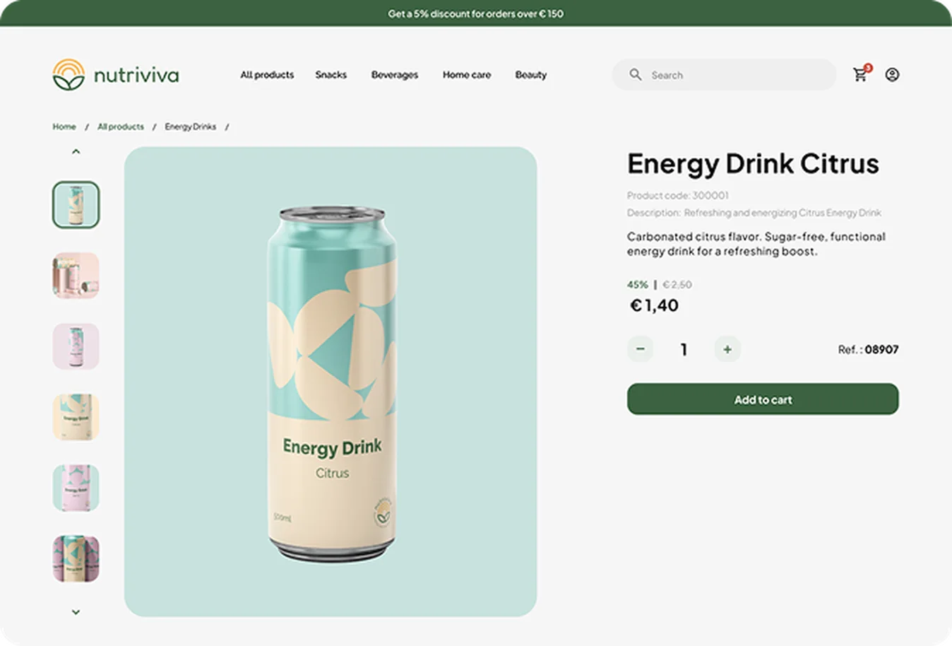 Product page for Energy Drink Citrus with thumbnails, price and add to cart