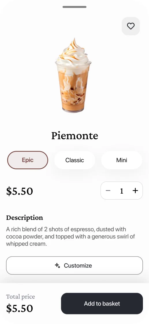 Eataly Caffè app: Piemonte drink detail with size and customisation
