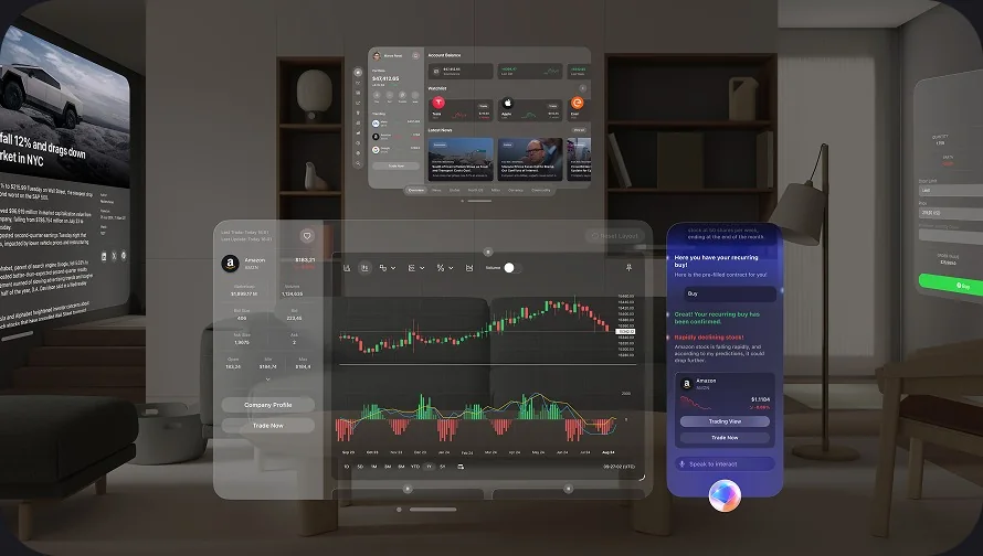 Investment panels floating in a living room in Apple Vision Pro