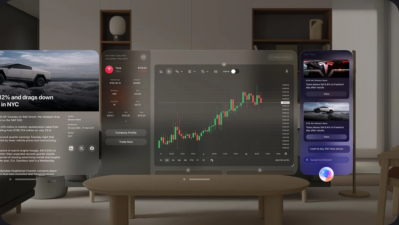 Vision Pro scene: stock detail, trading chart and assistant