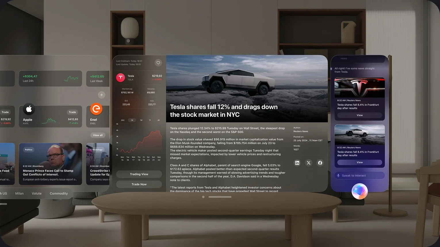 Vision Pro scene: Tesla article beside the watchlist and news panels