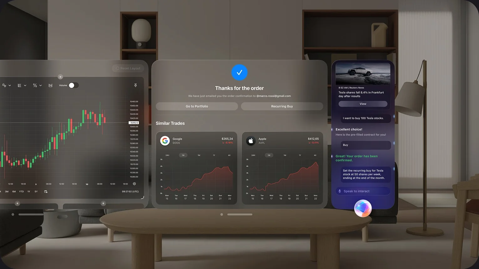 Vision Pro scene: order confirmation with similar trades and assistant