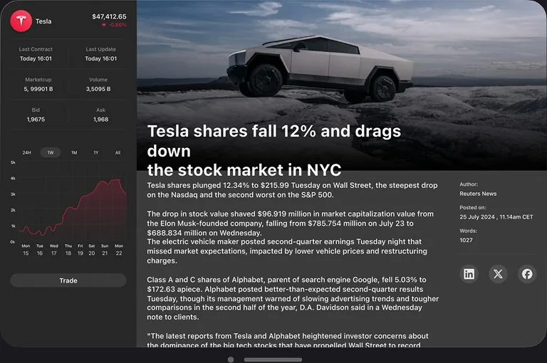 Stock detail panel with the Tesla news article