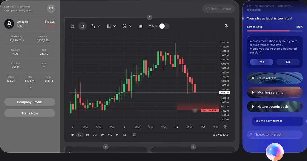 Chart panel dimmed while the assistant suggests a calming session after detecting stress