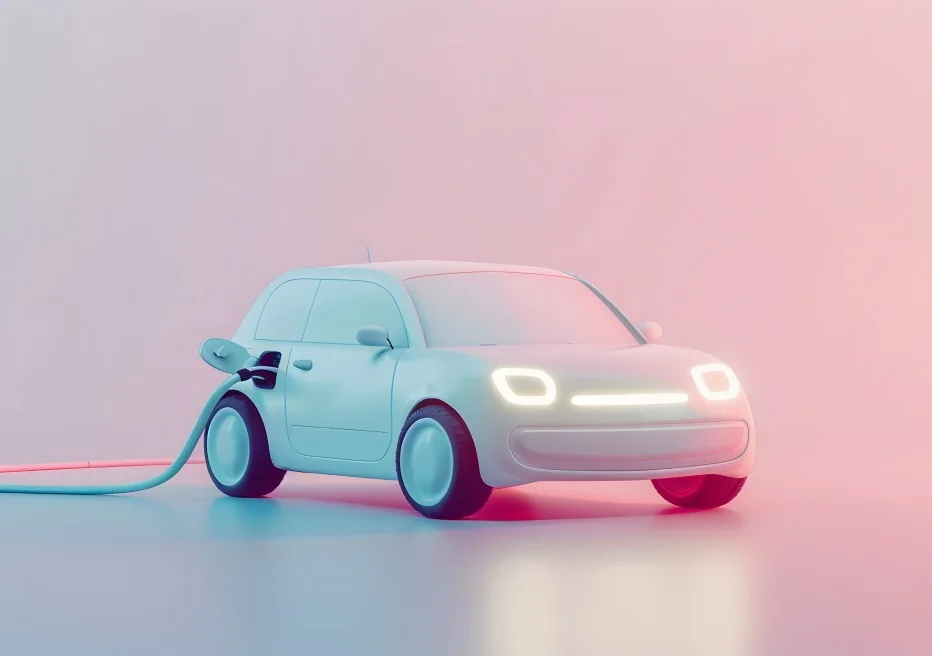 A small electric car plugged in to charge